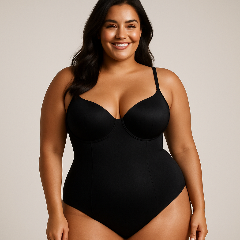 Ultra-professional studio photo of a confident plus-size woman wearing a high-quality body shaper (black or beige) with thin straps. The shapewear fits her perfectly, enhancing her natural curves and creating a very flattering silhouette. She looks confident, beautiful, and empowered. The background is plain and softly lit, and the scene looks like a high-end fashion campaign for premium shapewear (like Skims or Leonisa). Studio lighting, editorial feel, clean and luxurious look.