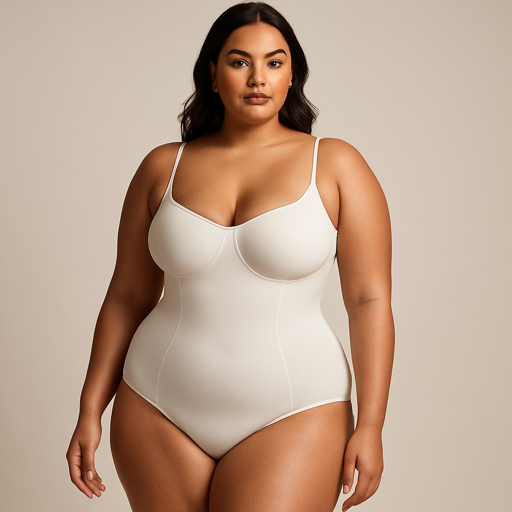 Ultra-professional studio photo of a confident plus-size woman wearing a high-quality white body shaper with thin straps. The shapewear fits her perfectly, enhancing her natural curves and creating a very flattering silhouette. She looks confident, beautiful, and empowered. The background is plain and softly lit, and the scene looks like a high-end fashion campaign for premium shapewear (like Skims or Leonisa). Studio lighting, editorial feel, clean and luxurious look.

